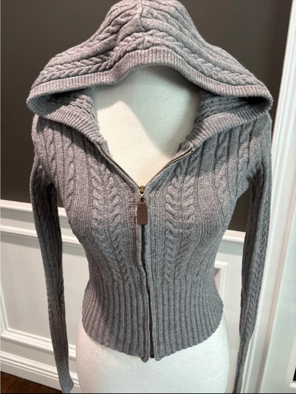 Frankie's Bikinis Gray Cable-Knit Hooded Zip Sweater